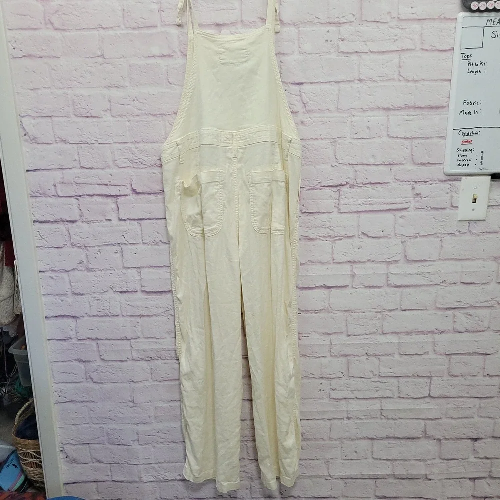 American Eagle Cream Linen Blend Overalls Jumpsuit L Wide Leg Boho Utility